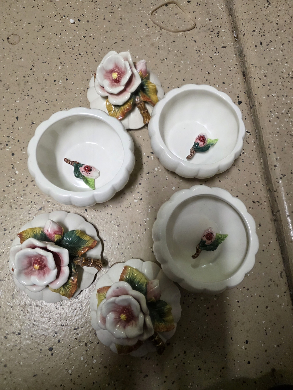 Fitz and Floyd White Porcelain Trinket Bowls with Pink Rose Lids